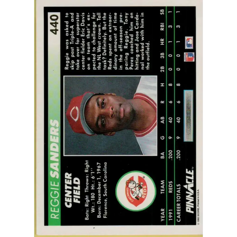 1992 Pinnacle #440 Reggie Sanders EX Cincinnati Reds Baseball Card - Baseball Card Single