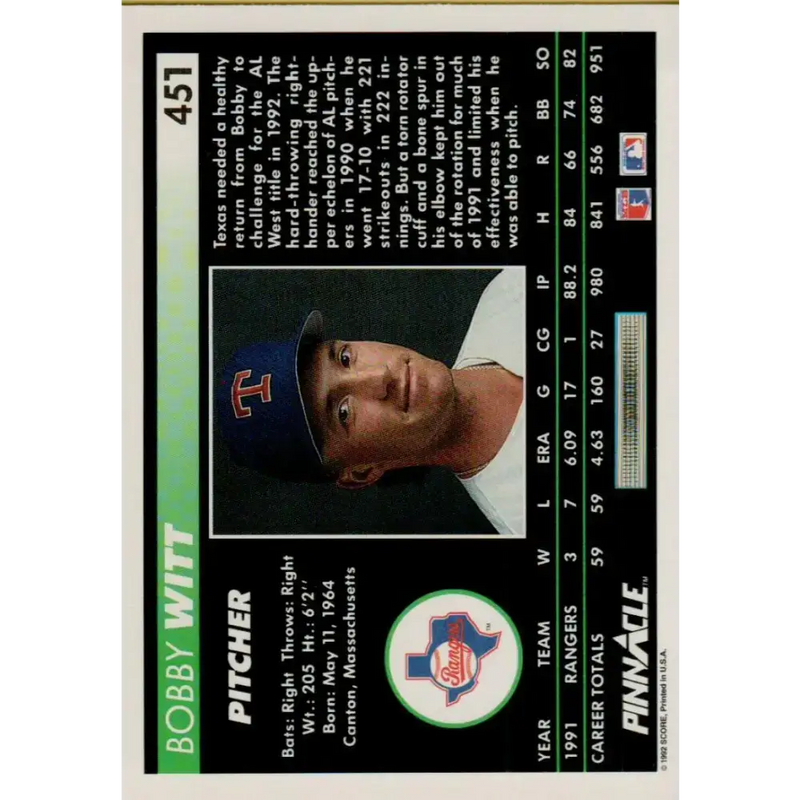 1992 Pinnacle #451 Bobby Witt EX Texas Rangers Baseball Card - Baseball Card Single