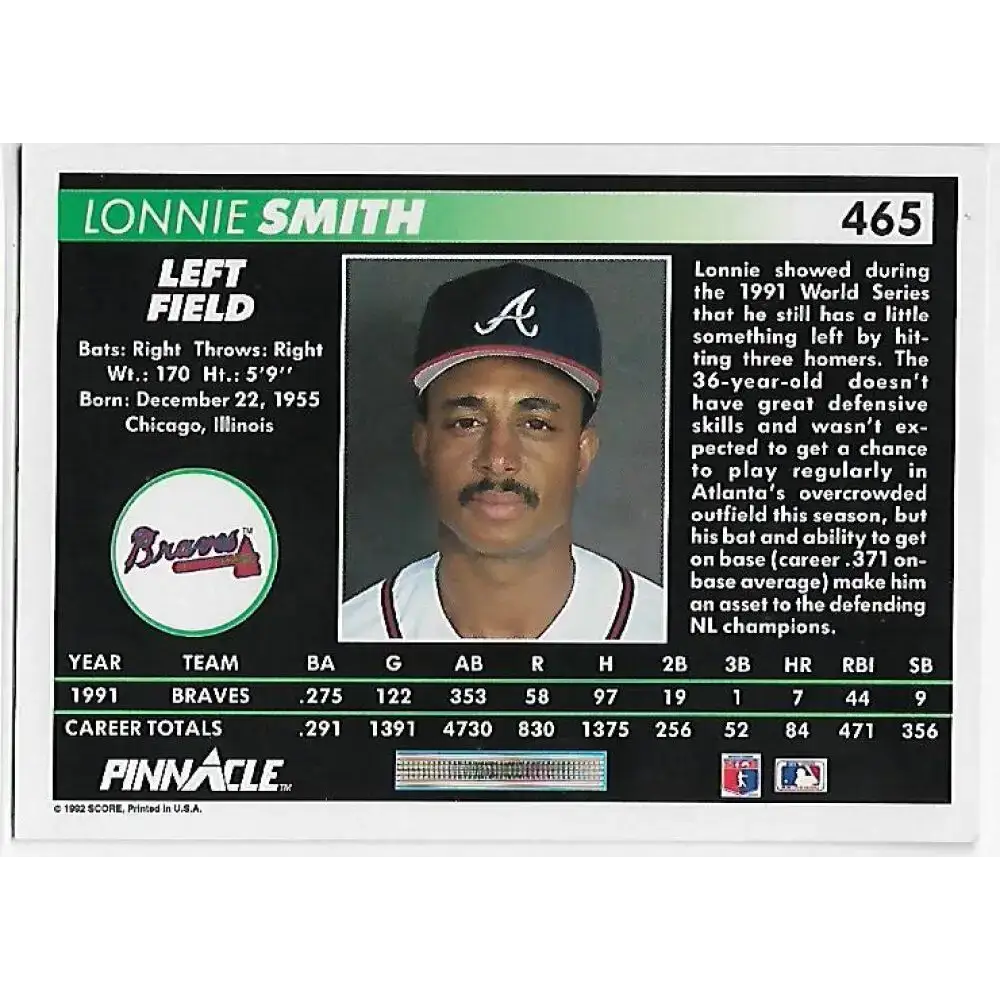 1992 Pinnacle #465 Lonnie Smith EX Atlanta Braves Baseball Card - Baseball Card Single