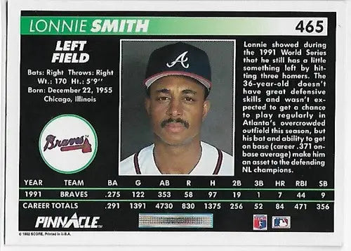 1992 Pinnacle #465 Lonnie Smith NM Near Mint Braves ID:28852 - Baseball Card Single
