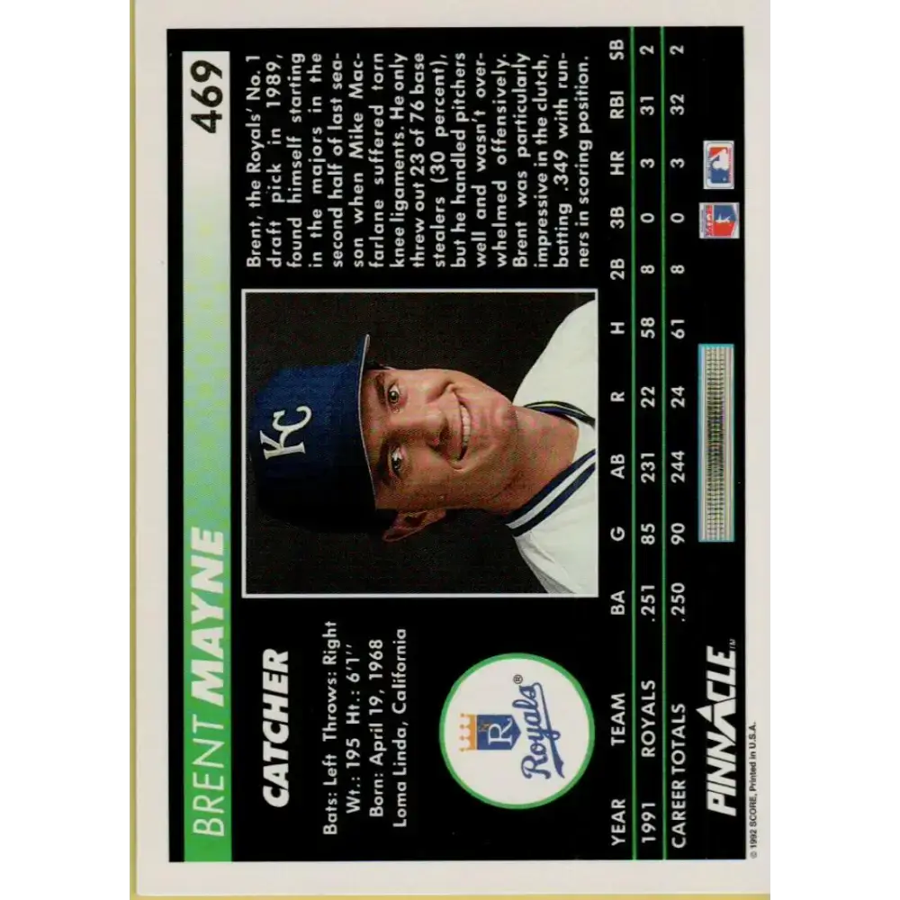 1992 Pinnacle #469 Brent Mayne EX Kansas City Royals Baseball Card - Baseball Card Single