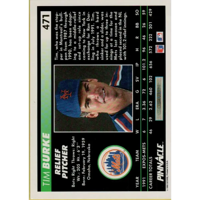 1992 Pinnacle #471 Tim Burke EX New York Mets Baseball Card - Baseball Card Single