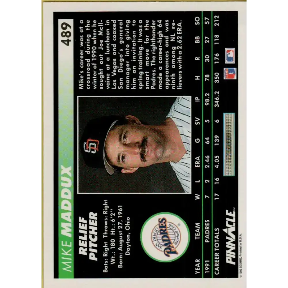 1992 Pinnacle #489 Mike Maddux EX San Diego Padres Baseball Card - Baseball Card Single