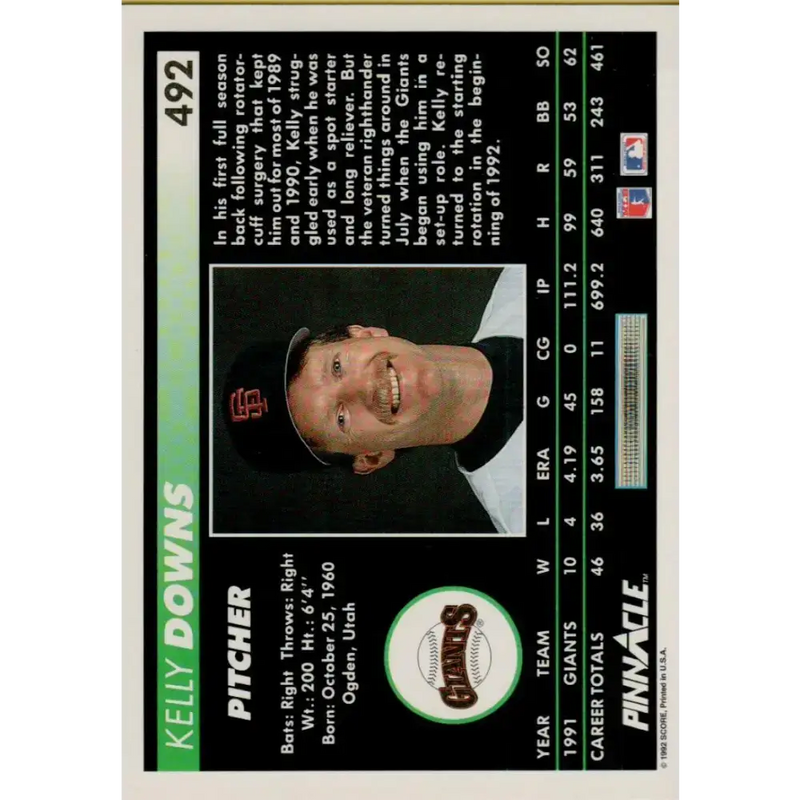 1992 Pinnacle #492 Kelly Downs EX San Francisco Giants Baseball Card - Baseball Card Single