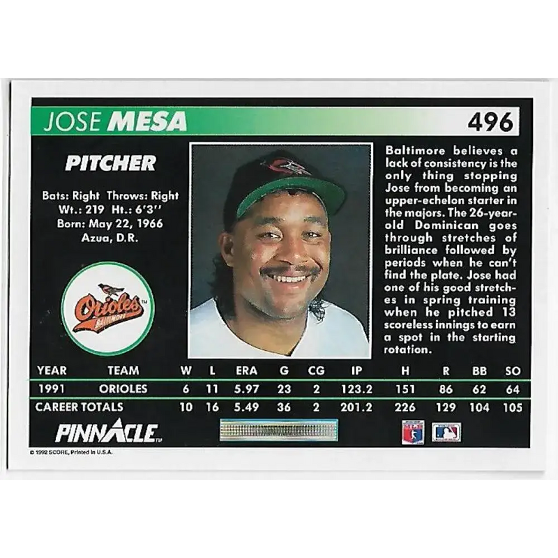 1992 Pinnacle #496 Jose Mesa EX Baltimore Orioles Baseball Card - Baseball Card Single