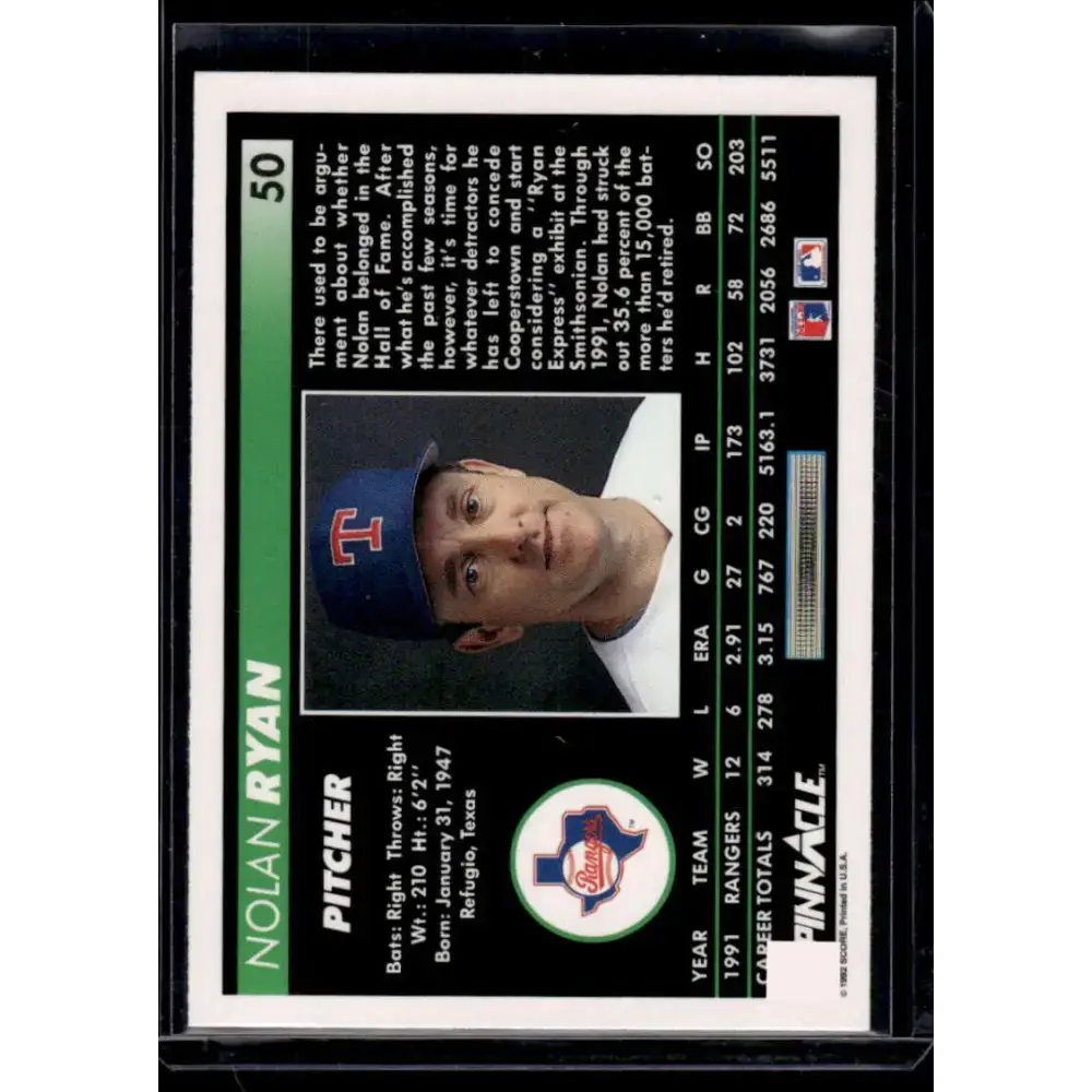 1992 Pinnacle #50 Nolan Ryan Texas Rangers NM-MT Baseball Card - Baseball Card Single