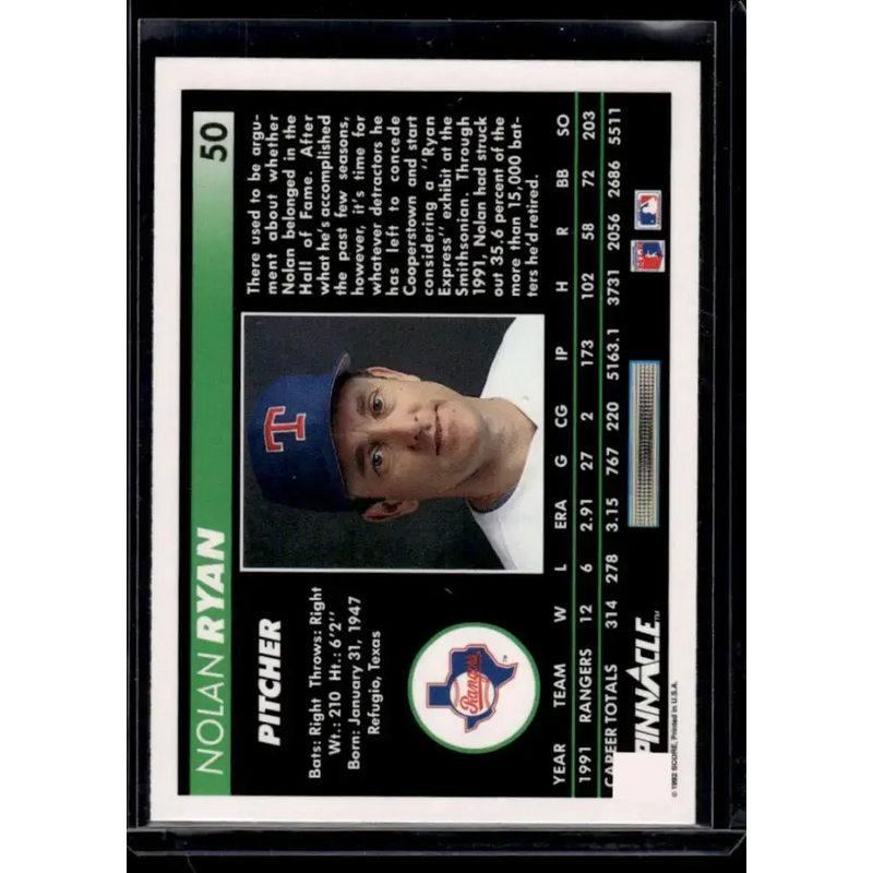 1992 Pinnacle #50 Nolan Ryan Texas Rangers NM-MT Baseball Card - Baseball Card Single