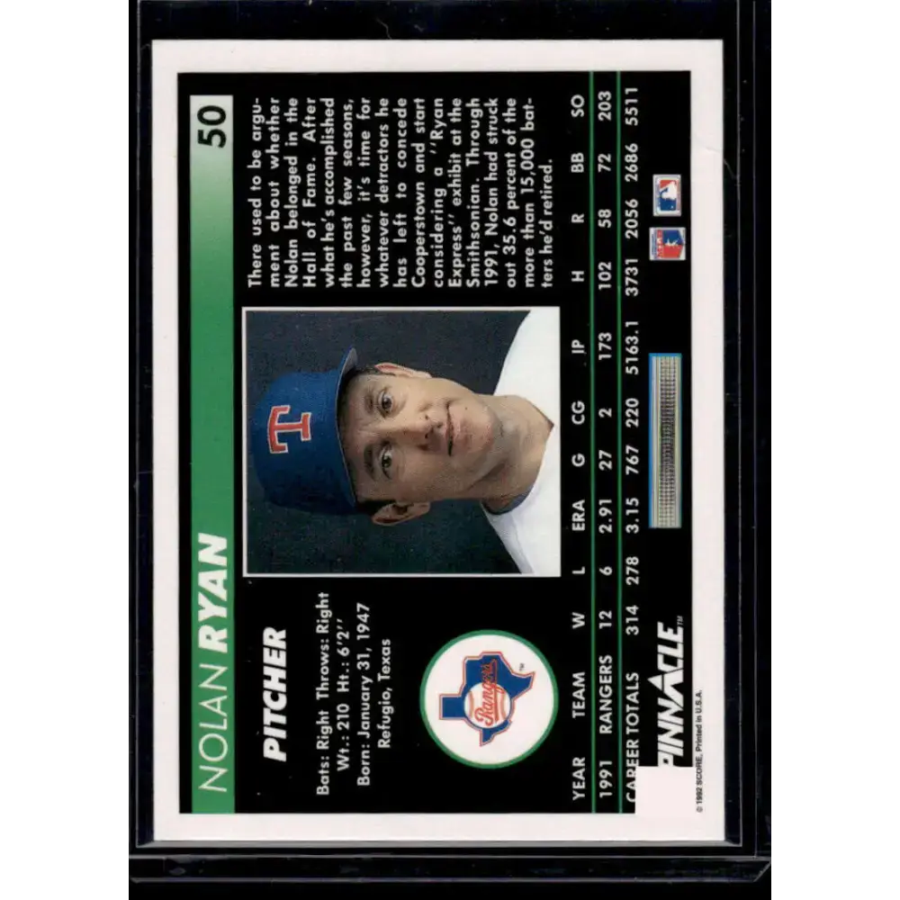 1992 Pinnacle #50 Nolan Ryan Texas Rangers NM-MT Baseball Card - Baseball Card Single
