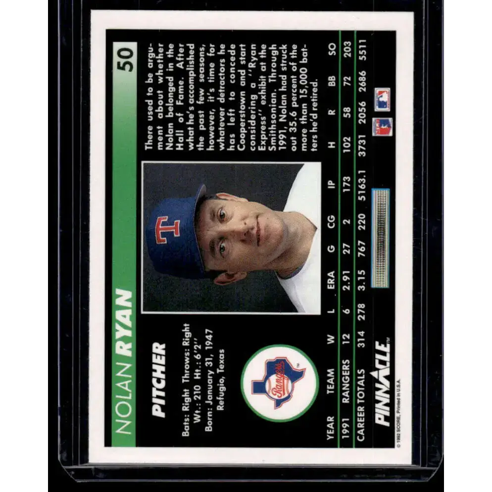 1992 Pinnacle #50 Nolan Ryan Texas Rangers NM-MT Baseball Card - Baseball Card Single