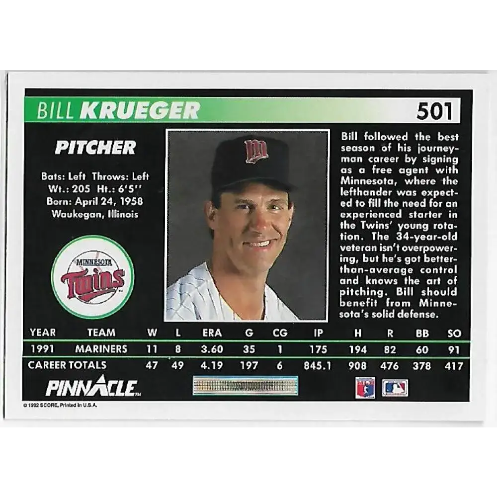 1992 Pinnacle #501 Bill Krueger EX Minnesota Twins Baseball Card - Baseball Card Single