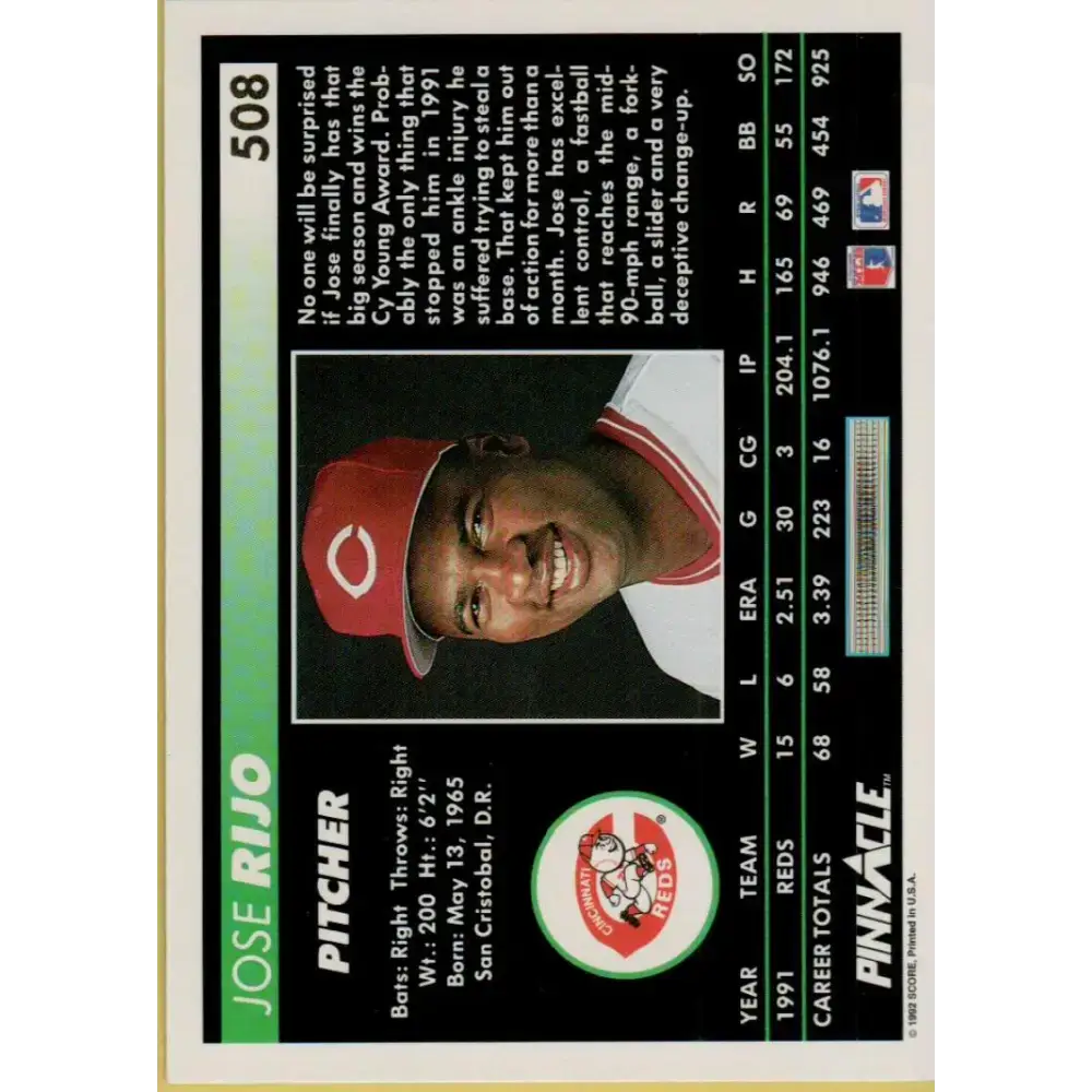 1992 Pinnacle #508 Jose Rijo EX Cincinnati Reds Baseball Card - Baseball Card Single