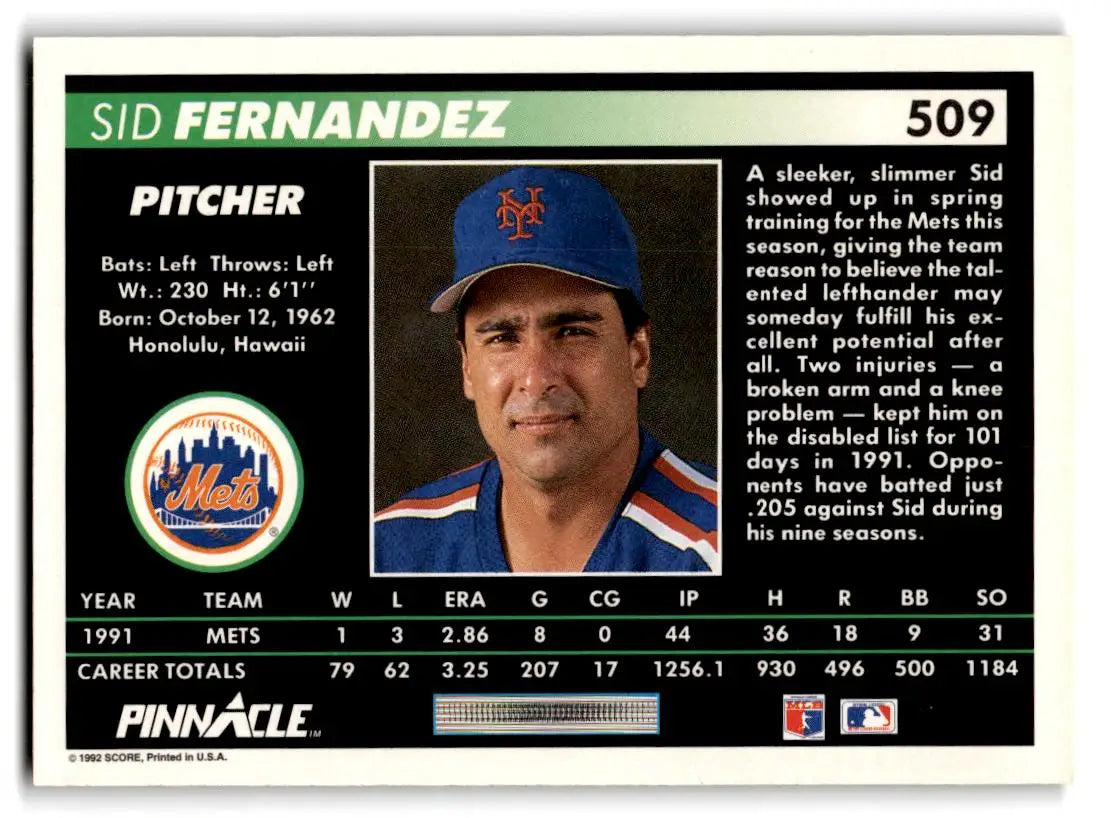 1992 Pinnacle #509 Sid Fernandez - Baseball Card Single