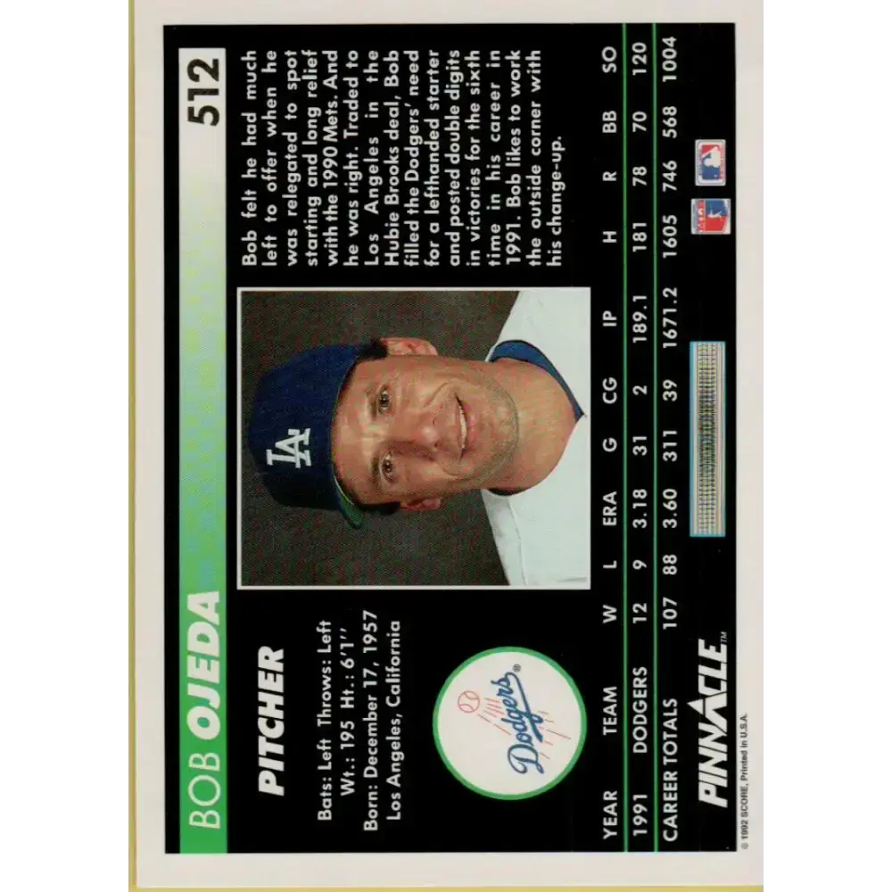 1992 Pinnacle #512 Bob Ojeda EX Los Angeles Dodgers Baseball Card - Baseball Card Single