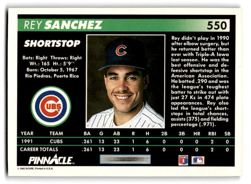 1992 Pinnacle #550 Rey Sanchez - Baseball Card Single