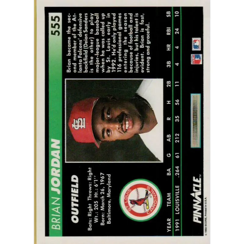 1992 Pinnacle #555 Brian Jordan EX RC Rookie St. Louis Cardinals Baseball Card - Baseball Card Single