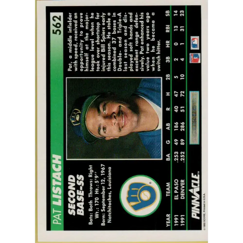 1992 Pinnacle #562 Pat Listach EX RC Rookie Milwaukee Brewers Baseball Card - Baseball Card Single