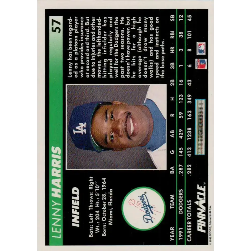 1992 Pinnacle #57 Lenny Harris EX Los Angeles Dodgers Baseball Card - Baseball Card Single