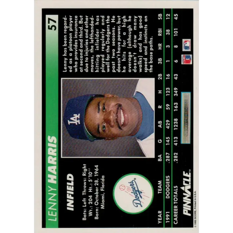 1992 Pinnacle #57 Lenny Harris EX Los Angeles Dodgers Baseball Card - Baseball Card Single