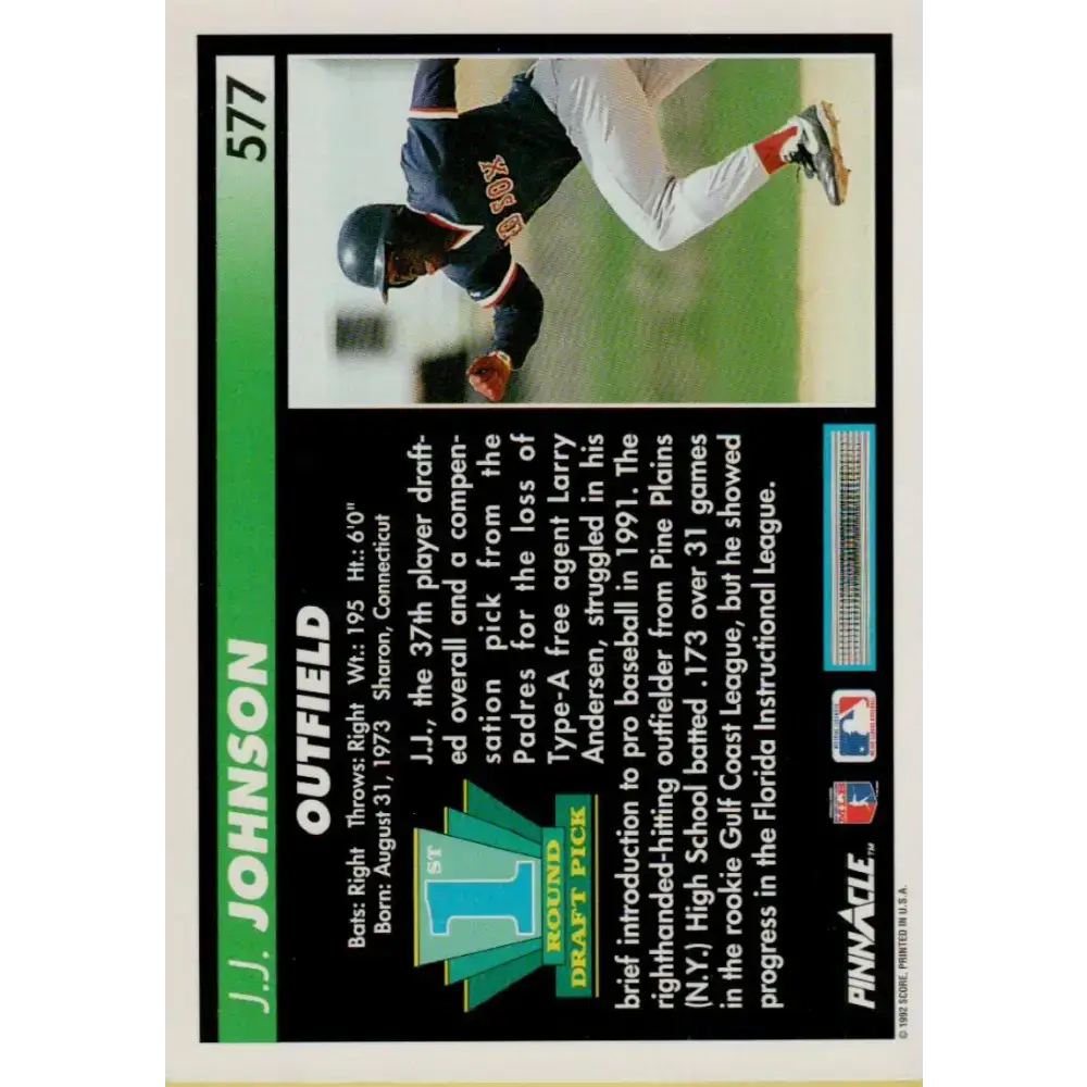 1992 Pinnacle #577 J.J. Johnson EX RC Rookie Boston Red Sox Baseball Card - Baseball Card Single