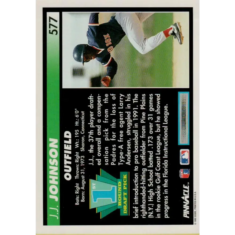 1992 Pinnacle #577 J.J. Johnson EX RC Rookie Boston Red Sox Baseball Card - Baseball Card Single