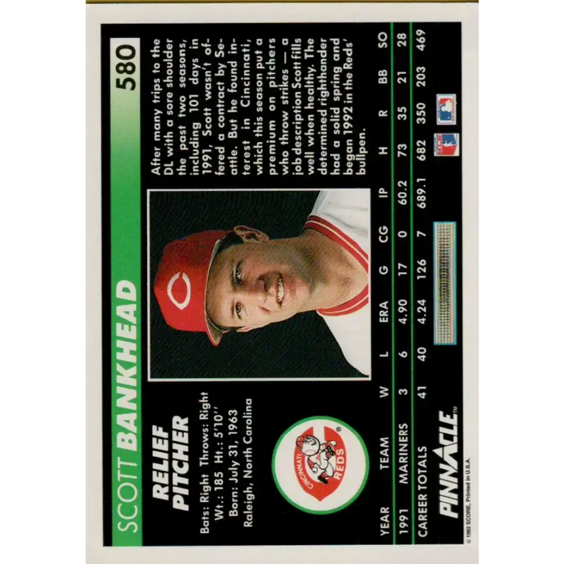 1992 Pinnacle #580 Scott Bankhead EX Cincinnati Reds Baseball Card - Baseball Card Single