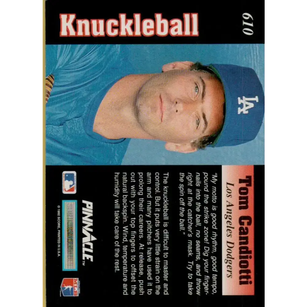 1992 Pinnacle #610 Tom Candiotti GRIP EX Los Angeles Dodgers Baseball Card - Baseball Card Single