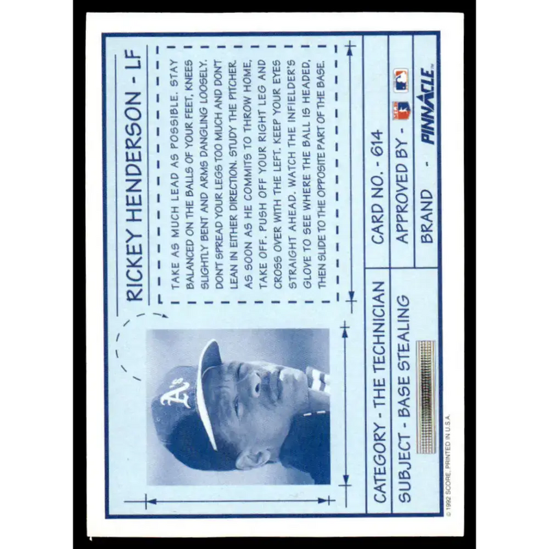 1992 Pinnacle #614 Rickey Henderson NM-MT Oakland Athletics Baseball Card - Baseball Card Single
