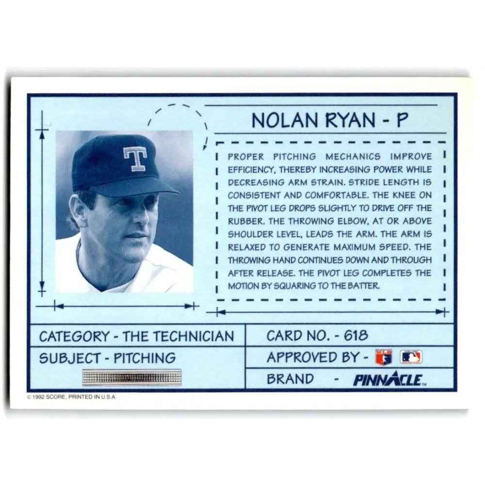 1992 Pinnacle #618 Nolan Ryan TECH EX Texas Rangers Baseball Card Image 2
