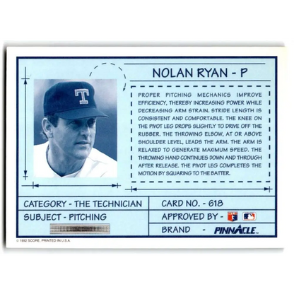1992 Pinnacle #618 Nolan Ryan TECH EX Texas Rangers Baseball Card Image 2