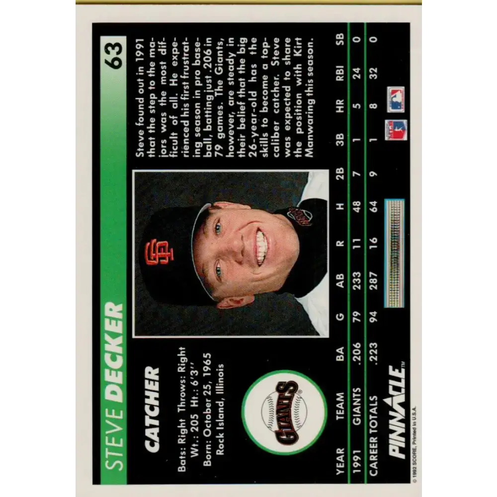1992 Pinnacle #63 Steve Decker EX San Francisco Giants Baseball Card - Baseball Card Single