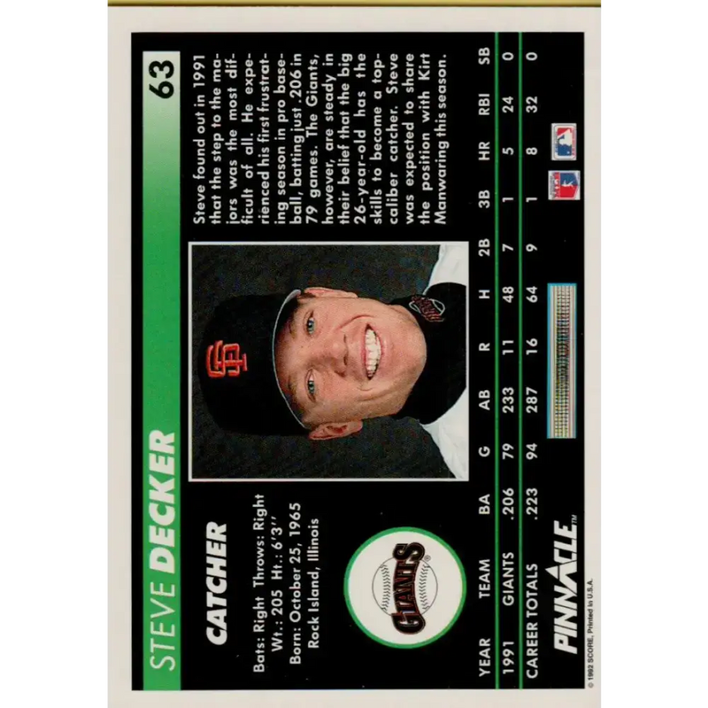 1992 Pinnacle #63 Steve Decker EX San Francisco Giants Baseball Card - Baseball Card Single