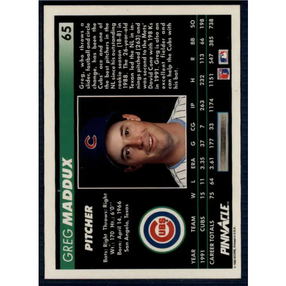 1992 Pinnacle #65 Greg Maddux EX Chicago Cubs Baseball Card - Baseball Card Single