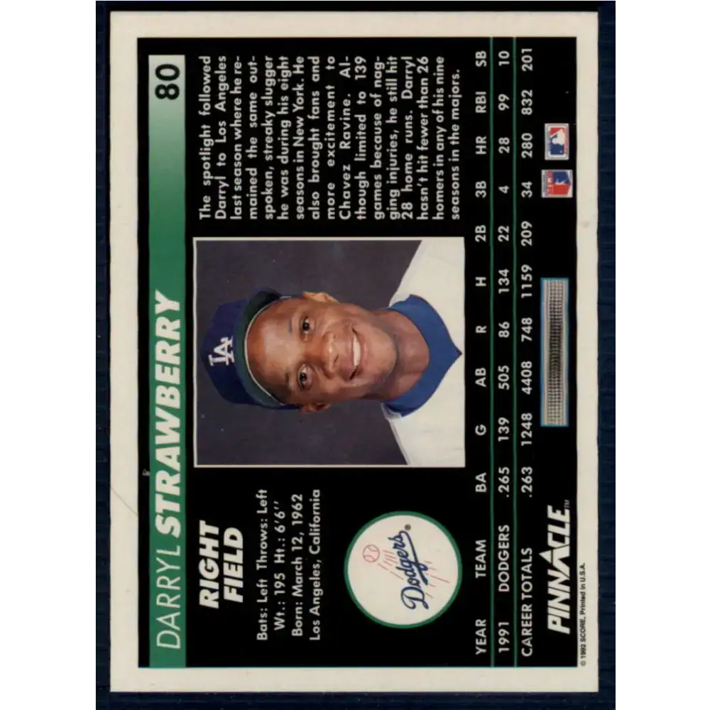 1992 Pinnacle #80 Darryl Strawberry EX Los Angeles Dodgers Baseball Card - Baseball Card Single