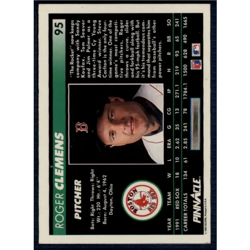 1992 Pinnacle #95 Roger Clemens EX Boston Red Sox Baseball Card - Baseball Card Single