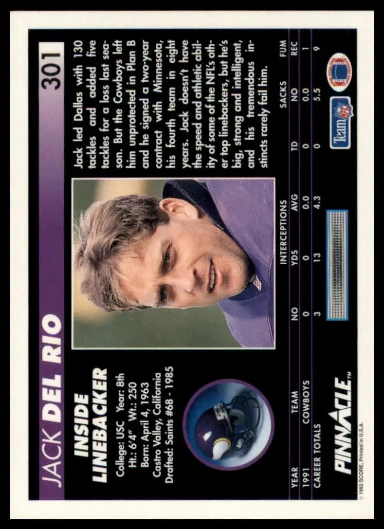 1992 Pinnacle Jack Del Rio #301 Minnesota Vikings Football Card NFL Sports - Football Card Single