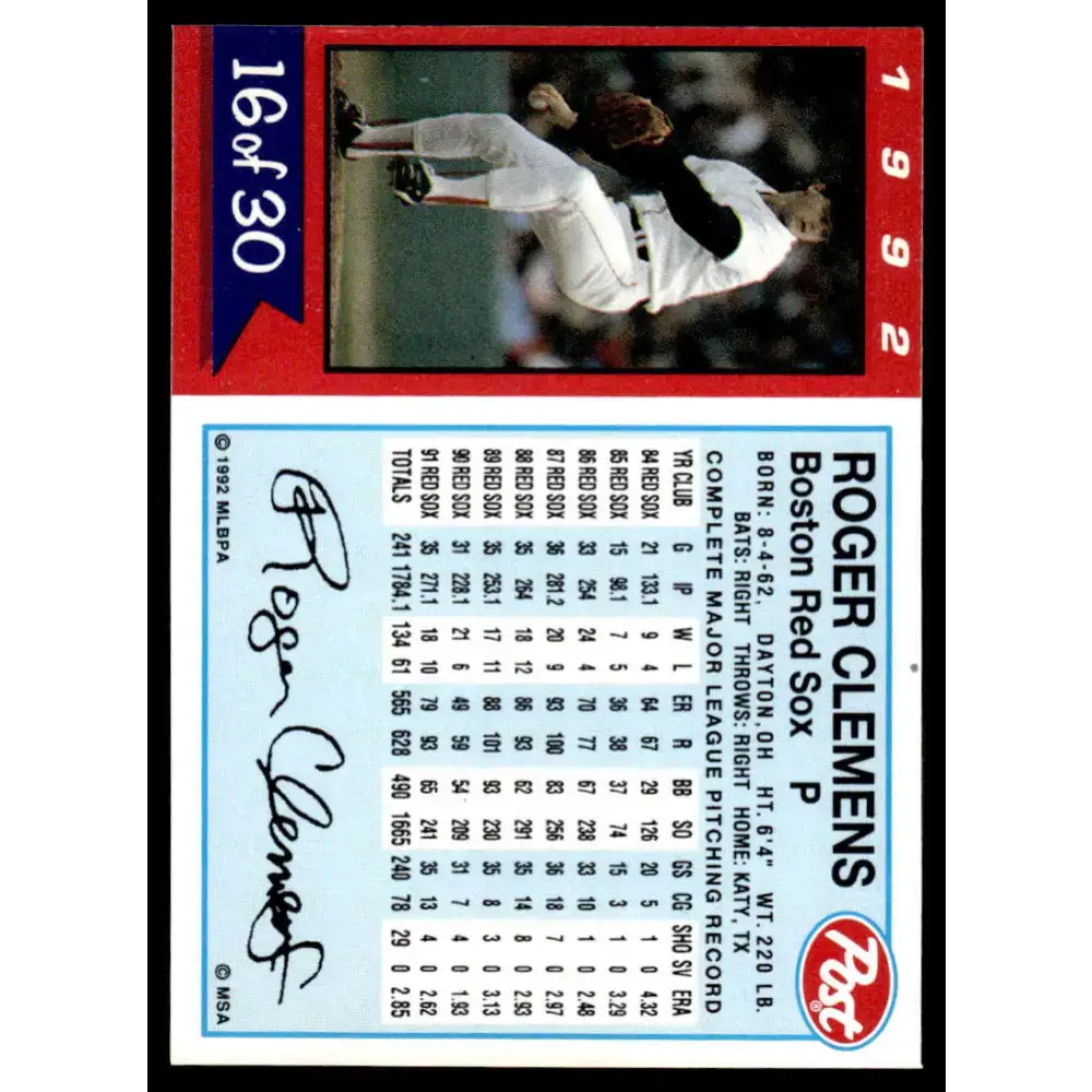 1992 Post Cereal #16 Roger Clemens EX/NM Boston Red Sox Baseball Card - Baseball Card Single