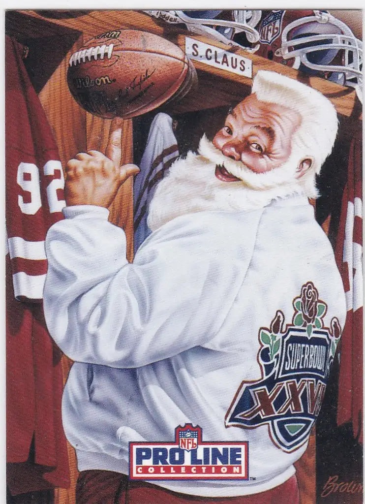Pro Line Santa Claus in white outfit holding football and giving thumbs up gesture