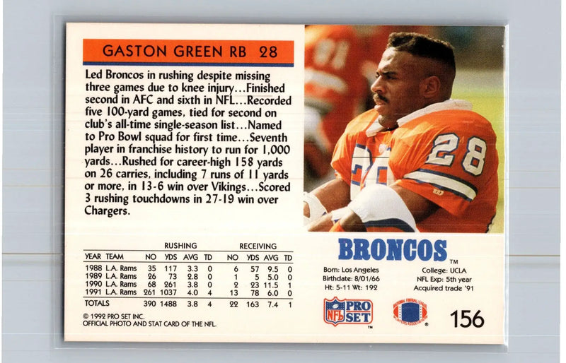 1992 Pro Set #156 Gaston Green Denver Broncos - Football Card Single
