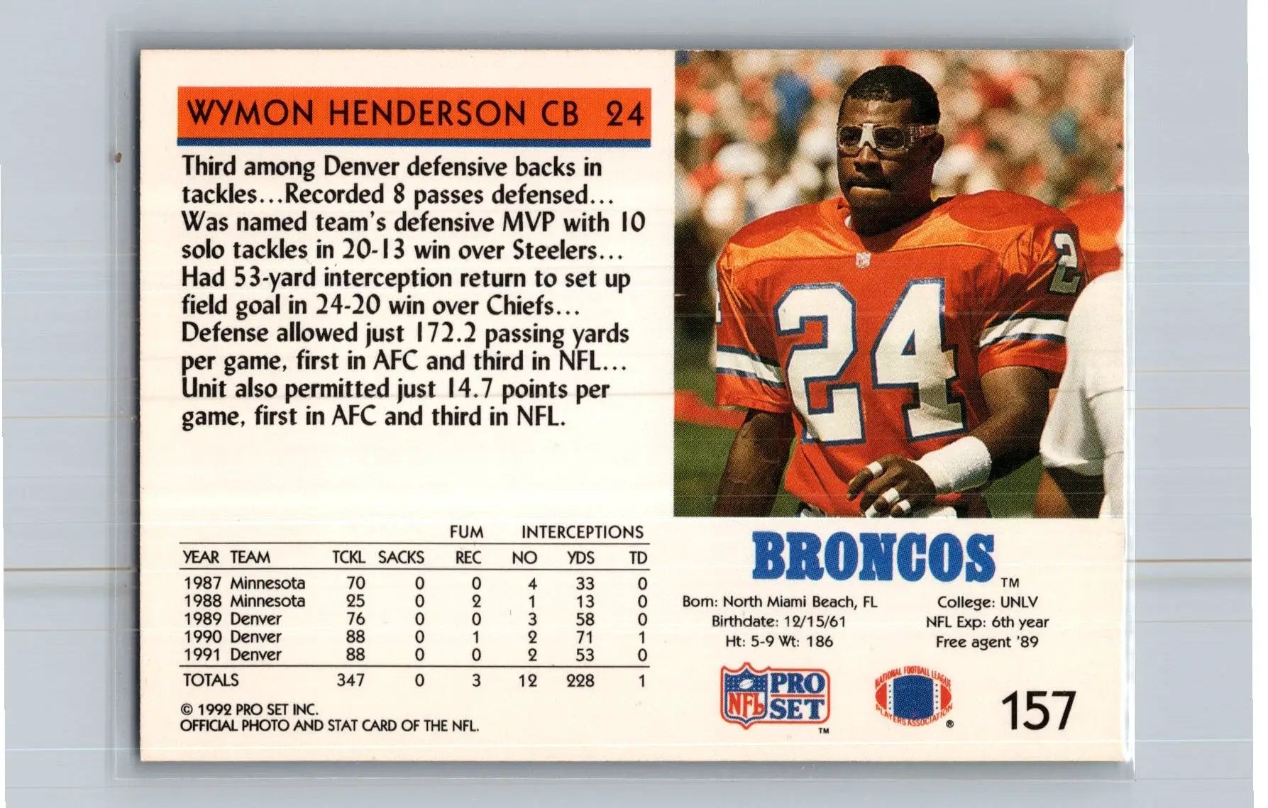 1992 Pro Set #157 Wymon Henderson Denver Broncos - Football Card Single
