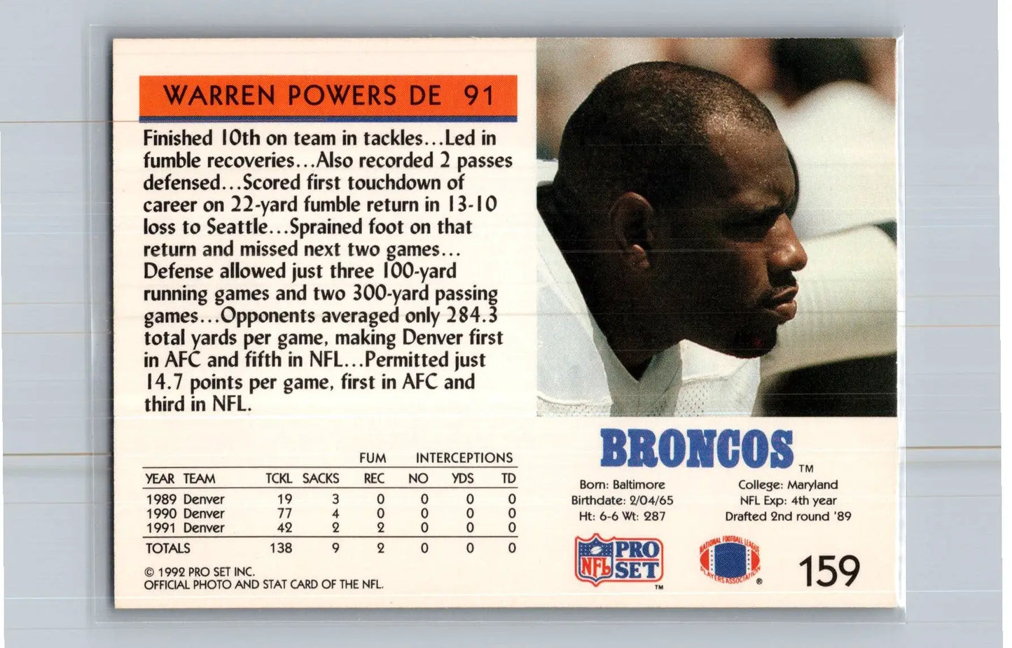 1992 Pro Set #159 Warren Powers Denver Broncos - Football Card Single