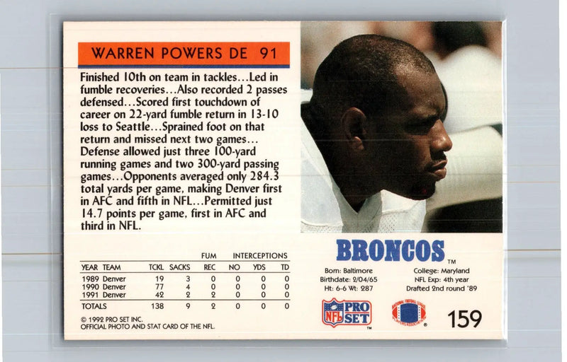 1992 Pro Set #159 Warren Powers Denver Broncos - Football Card Single