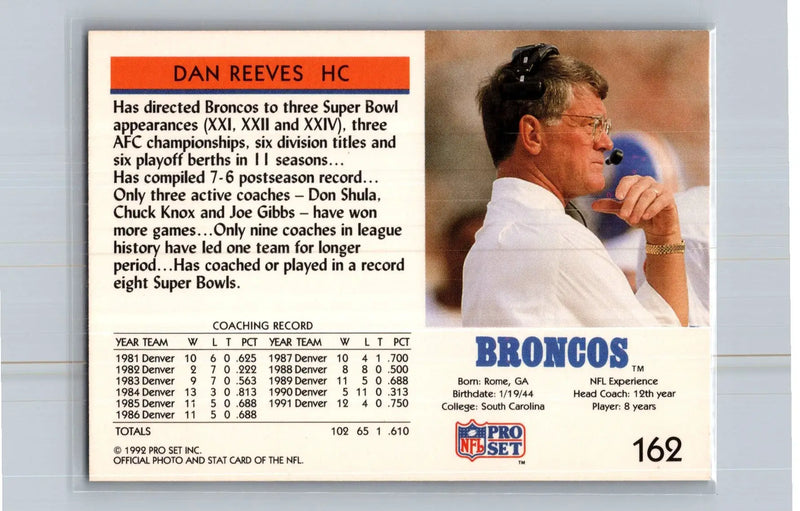 1992 Pro Set #162 Dan Reeves Denver Broncos - Football Card Single