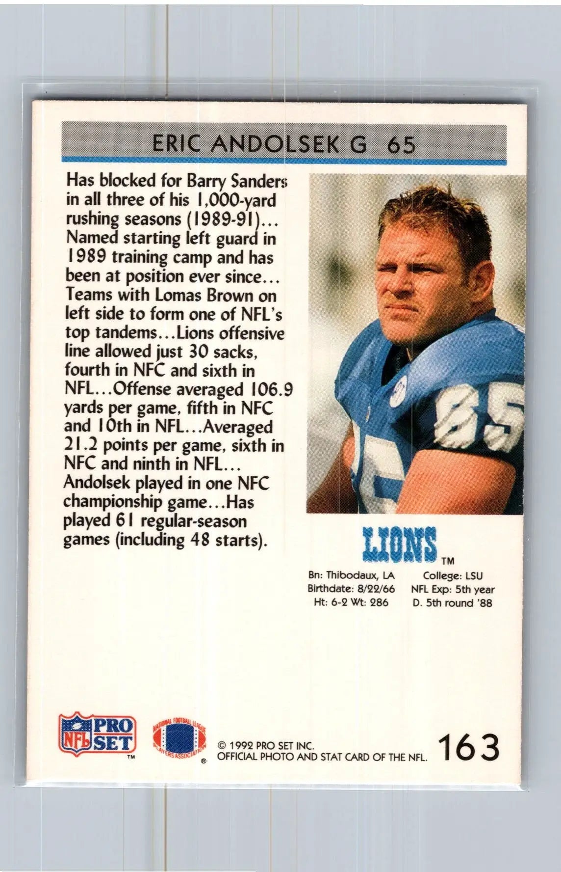 1992 Pro Set #163 Eric Andolsek Detroit Lions - Football Card Single