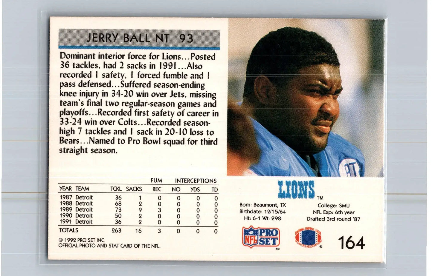 1992 Pro Set #164 Jerry Ball Detroit Lions - Football Card Single