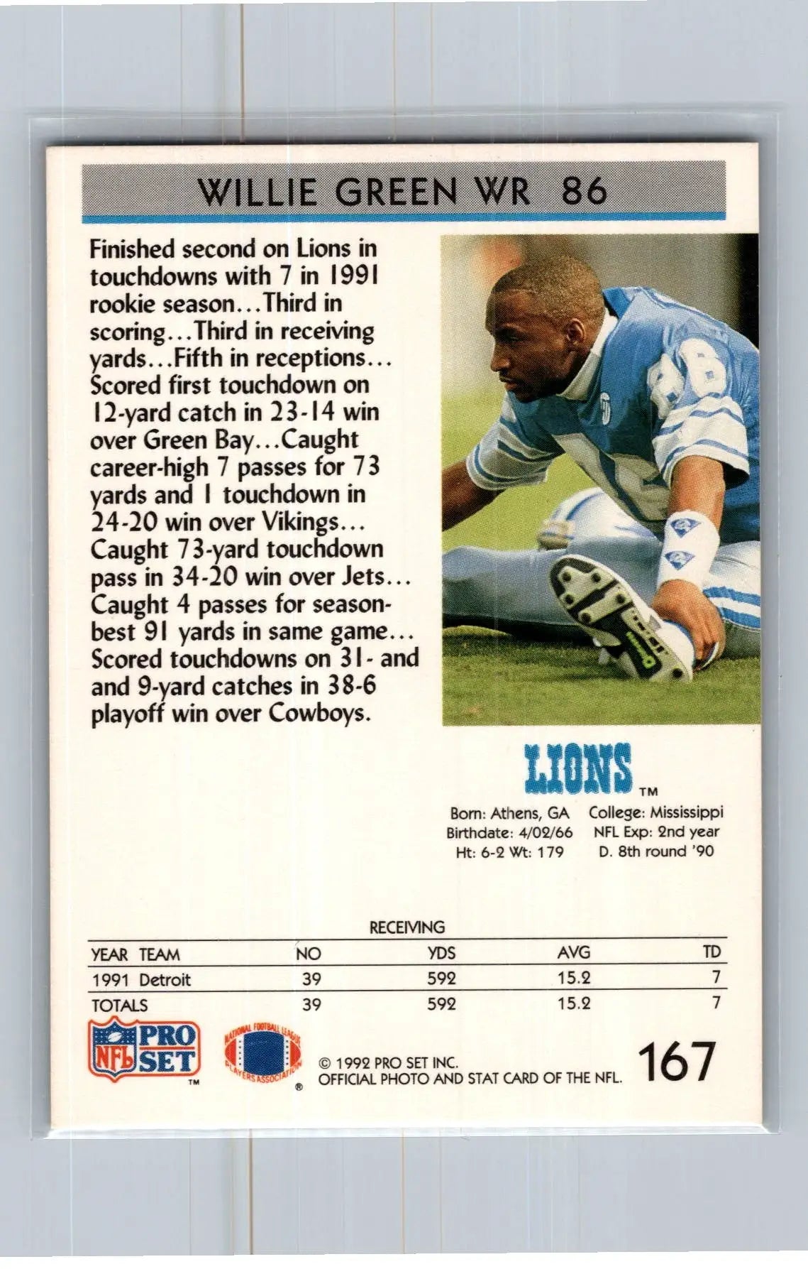 1992 Pro Set #167 Willie Green Detroit Lions - Football Card Single