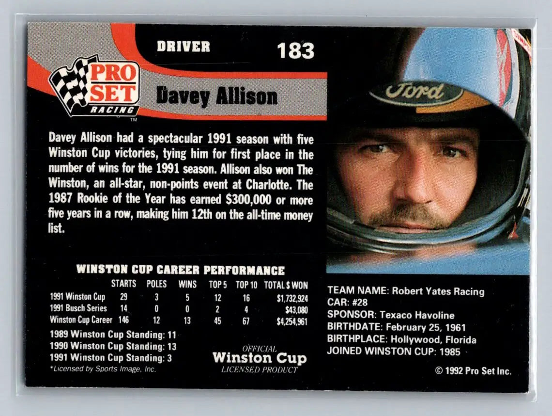 1992 Pro Set #183 Davey Allison Robert Yates Racing - Racing Card Single