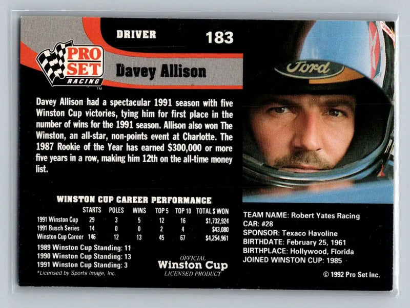 1992 Pro Set #183 Davey Allison Robert Yates Racing - Racing Card Single