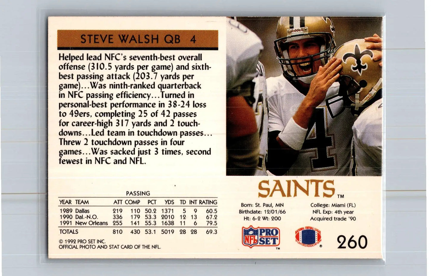 1992 Pro Set #260 Steve Walsh New Orleans Saints - Football Card Single