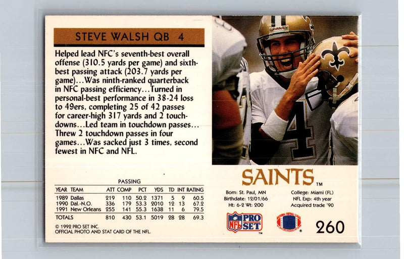 1992 Pro Set #260 Steve Walsh New Orleans Saints - Football Card Single