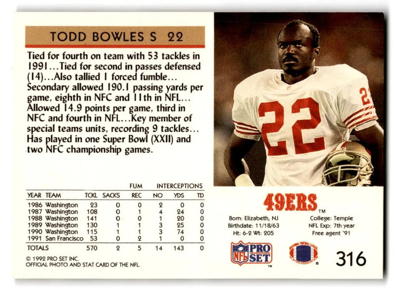 1992 Pro Set #316 Todd Bowles - Football Card Single